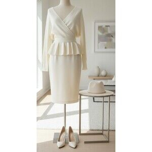 DESIGNER ZESICA IVORY PLUNGE NECKLINE LONG SLEEVE PEPLUM SWEATER SIZE LARGE